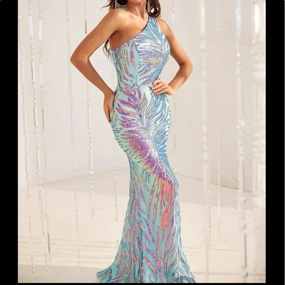 Luxurious Sequins Mermaid Prom Evening Party Formal One Shoulder Gown Maxi Dress - Picture 11 of 11